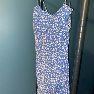Blue Summer dress with flowers / spaghetti straps crossed in back / loose bottom